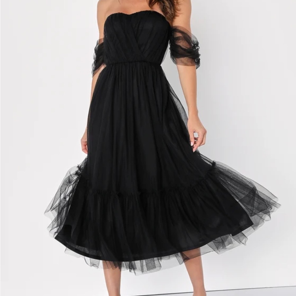 Lulus Divine Dreamer Black Tulle Off-the-Shoulder Tiered Midi Dress